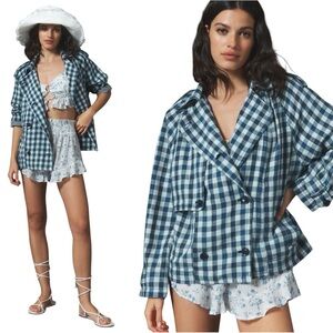 NWT By Anthropologie Blue Checkered Gingham Trench Coat Jacket
